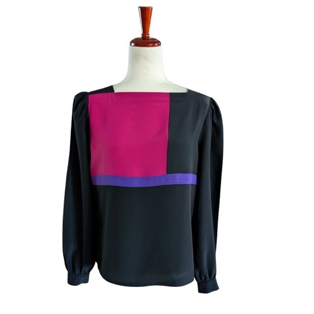 Vintage Sasson Paris New York Colorblock Blouse Black Pink Purple 80s Size 12/13